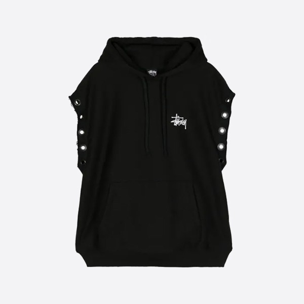 스투시 x 준야 와타나베 맨 로고 프린트 노슬리브 후디 블랙